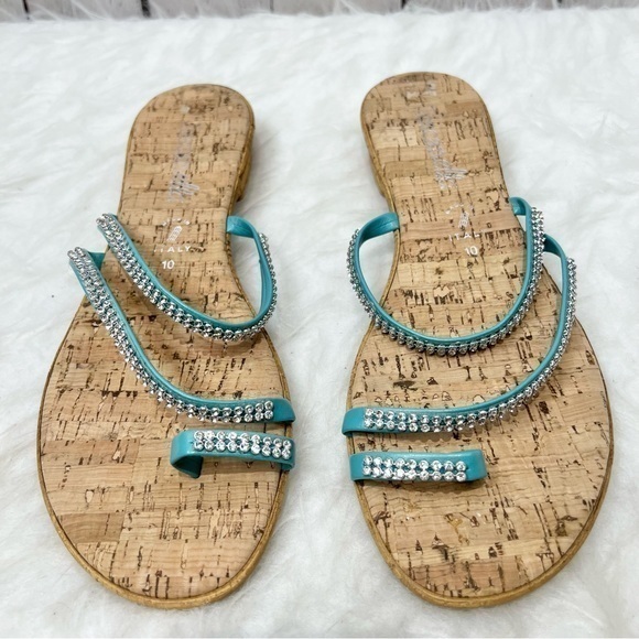 Toscanella Turquoise Flip Flip Rhinestone Cork Toe Sandal 10 - Picture 1 of 11